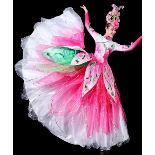 Pink yellow flowers petals flamenco dance dresses for women girls chinese folk opening choir  fairy ballroom dance long skirts for female